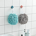 Miniatyrbillede 3 af 5: Blå og Grå Chenille Køkken Håndklæde Sæt Hurtigtørrende Hånd Mikrofiber Monokrom Dekorativ Lille Fuzzy Ball Håndklæde med Sløjfe