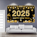 Miniatyrbild 5 av 5: Svart Happy New Year 2025 Banner Bakgrund, Nyårsafton Stor Banner Fest Dekorationer Tillbehör (180 * 115cm)