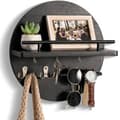 Wall shelf with key holder, wooden key holder - round, key cabinet with storage compartment, rustic, black
