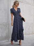 Sommer Maxikjole for Kvinner, Uformell Boho Blomstret V-hals Kortermet