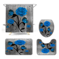 Miniatyrbild 1 av 5: Blue Rose Print Fyra delar Toalettmatta Duschgardin Set, M02,