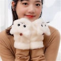 Miniatyrbillede 3 af 5: Kvinder Tykke plys varme halvfinger handsker Cute Cat Cabriolet Flip vanter (2 stk, hvid)