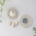 Miniatyrbillede 2 af 5: Boho Macrame Frynsevæg spejl med træperle fjer vedhæng Rund væg kunst spejl til soveværelse Entre Stue H