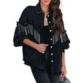 Avslappnad Denimjacka med fransar för kvinnor Black Black XL
