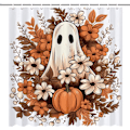 Miniatyrbillede 4 af 5: 1 stk Halloween Spøgelsesgræskar Bruseforhæng til Badeværelse, Vandafvisende Efterårs Blomster Bruseforhængssæt med 12 H