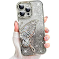Miniatyrbild 1 av 5: för iPhone 16 Pro Max, Sött Flickigt Lyxigt Bling Flytsand 3D Fjärilsdesign för Kvinnor Flickor (för iPhone 16 ProMax) - Silver