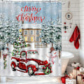 Miniatyrbild 2 av 4: 1 st  God Jul Duschdraperi Röd Vintage Lastbil Julgran Vinter Snögubbe Rustik Retro Lanthus Dusch