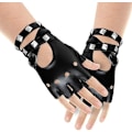 Miniatyrbillede 4 af 5: Fingerløse Kunstlæderhandsker - Sorte Biker Punk Handsker med Bæltelukning og Nitter Design til Kvinder