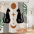 Miniatyrbillede 1 af 5: Boho Bruseforhæng 180x180, Abstrakt Sort Kat Blad Måne Stjerne Beige Badeforhæng Moderne Terrakotta Kunst Æstetisk Vandtæt Polyesterstof
