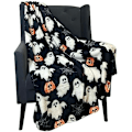 Miniatyrbilde 1 av 4: Halloween-teppe: Jack O Lantern-gresskar, hvite spøkelser og edderkoppnett på myk svart fløyelsfleece for sofa