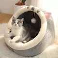 Miniatyrbilde 5 av 5: (L-48x45x40cm, Grå Katt) Katteseng Vaskbar Hulematte for Liten Hund Plysj med Avtakbar Seng for Katt og