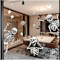 Pikkukuva 4 / 5: Halloween-luurankotarrat ikkunoihin, juhlatarvikkeet