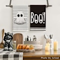 Miniatyrbillede 2 af 5: Sorte Stribede Spøgelses Boo Spooky Halloween Køkkenhåndklæder Opvaskehåndklæder, 18x26 Tommer Buesløjfe Dekoration Håndklæder Sæt af 4