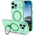 Pikkukuva 1 / 5: iPhone 15 Pro Max -kotelo magneettisella telineellä, ylellinen galvanoitu aaltoileva kehys ja söpö sydänkuvio, kameran reunat koholla