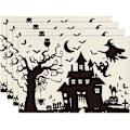 Pikkukuva 1 / 5: 4 kpl Musta-valkoinen Spooky Haunted House Tree Ghost Witch Halloween-paikka-alustaa, 12x18 tuumaa, Kausi- ja loma-aikaan sopiva pöytämatto