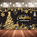 Miniatyrbillede 1 af 4: Glædelig Jul Party Baggrund Jul Sort Guld Banner Baggrund Juletræ Nytårsaften Fotobaggrund til