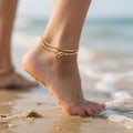 Miniatyrbillede 2 af 4: Guld ankelkæder til kvinder - Guldbelagt vandtæt lagdelt letvægts simpel kæde sløjfe ankelkæde sæt justerbar strandmode