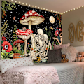 Miniatyrbild 5 av 5: Svamp Skalle Tapestry Skelett Blommig Växt Blomma Estetisk Sovrum Tapestry Natur Måne Väggbonad för Sovsal Vardagsrum