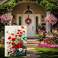 Miniatyrbilde 2 av 5: Vårbie Rød Pelargonia Hageflagg 30x45 cm Velkommen Sommer Fargerik Blomst Blomsterhage Utendørs Flagg Hus Ferie Utepynt Jute