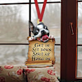 Miniatyrbillede 3 af 5: Sjov Boston Terrier Bil Ornament - Get in Sit Down Shut Up Hang On - 2D Flad Bilspejl Tilbehør Juletræspynt