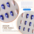 Miniatyrbillede 3 af 4: Fransk Tip På Negle 24 stk. Medium Længde Boho Mandelform Blå Hjerteform Akryl Linjer Kunstige Negle med Skinnende Boho Design