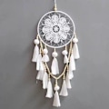 Miniatyrbillede 5 af 5: Drømmekatcher Væghæng med Pomponer Stor Hvid Drømmekatcher Træperler Boho Væghæng, Håndlavet Kvaster Ornament