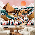Miniatyrbillede 1 af 4: Bjerge Skove Gobelin, Sol og Skyer Grøn Pink Hvid Træ Æstetisk Natur Gobelin Vægophæng til Soveværelse, Boligindretning, 60 * 40 Tommer