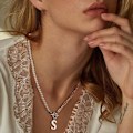Miniatyrbilde 3 av 4: Sølv Initial Perlen Halskjede til Kvinner, Papirklipp Lenke Halskjede Choker Toggle Spenne Halskjede Sjarmerende Perle Kjede N
