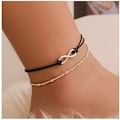 Pikkukuva 2 / 4: 24,5 cm Bohemian Kerrostettu Musta Nahka Anklet Ikuisuuden Solmu Riippuva Koru Jalkaketju Boho Ranta Jalkakoru Naisille