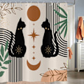 Miniatyrbillede 3 af 5: Boho Bruseforhæng 180x180, Abstrakt Sort Kat Blad Måne Stjerne Beige Badeforhæng Moderne Terrakotta Kunst Æstetisk Vandtæt Polyesterstof