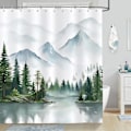 Miniatyrbillede 2 af 4: Misty Forest Bruseforhæng Grønt Akvarel Bjerg Sø Badeforhæng Polyester Stof Anti-Skimmel Vandtæt Vaskbart Badeværelsesforhæng 180 x 180 cm w