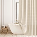 Miniatyrbillede 1 af 5: stk. Rustik Polyester Linned Neutral Boho Stribe Beige Bruseforhæng til Badeværelse med Kvaster - Boheme Stof Bruseforhæng 183 x 183 cm