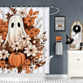 Miniatyrbillede 2 af 5: 1 stk Halloween Spøgelsesgræskar Bruseforhæng til Badeværelse, Vandafvisende Efterårs Blomster Bruseforhængssæt med 12 H