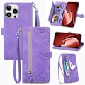 Miniatyrbillede 1 af 5: Etuier til iPhone 16 Pro Max Pung Etui til Kvinder med Kortlomme Præget Blomst Lynlås Pung PU Læder Flip Cover w