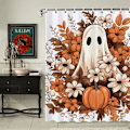 Miniatyrbillede 3 af 5: 1 stk Halloween Spøgelsesgræskar Bruseforhæng til Badeværelse, Vandafvisende Efterårs Blomster Bruseforhængssæt med 12 H