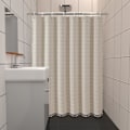 Miniatyrbillede 2 af 5: stk. Rustik Polyester Linned Neutral Boho Stribe Beige Bruseforhæng til Badeværelse med Kvaster - Boheme Stof Bruseforhæng 183 x 183 cm
