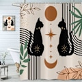 Miniatyrbillede 2 af 5: Boho Bruseforhæng 180x180, Abstrakt Sort Kat Blad Måne Stjerne Beige Badeforhæng Moderne Terrakotta Kunst Æstetisk Vandtæt Polyesterstof