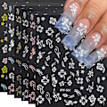 Miniatyrbild 1 av 5: (10 Ark) Blommiga Nagelstickers, Hibiskus Nageldekaler 3D Självhäftande Vit Rosa Guld Blommönster Sommar Hibiskus Nag