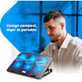 Miniatyrbillede 5 af 5: (1 pakke) (Sort) Bærbar kølestation - Laptop stander til 12-17 tommer laptops, justerbar højde, 6 støjsvage blæsere, 2 USB-porte, hurtig køling, blå LED L