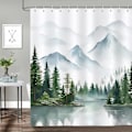Miniatyrbillede 1 af 4: Misty Forest Bruseforhæng Grønt Akvarel Bjerg Sø Badeforhæng Polyester Stof Anti-Skimmel Vandtæt Vaskbart Badeværelsesforhæng 180 x 180 cm w