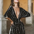 Miniatyrbilde 3 av 8: Sexy Stripe Print Deep V Backless Slim Casual kjole for kvinner Black F
