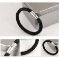 Miniatyrbillede 4 af 5: Kvinder Mænd Sort Læder Charm Armbånd Rustfrit Stål Magneti Black