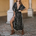 Miniatyrbilde 1 av 8: Sexy Stripe Print Deep V Backless Slim Casual kjole for kvinner Black F