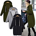 Miniatyrbillede 2 af 5: Damejakke med lynlås foran i fleece, lang hættetrøje i plus størrelse Sort Black XXL