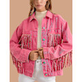 Miniatyrbild 5 av 5: Kvinnors Rhinestone Fringe Denim Jacka Långärmad Casual Tassel Jean Jacka Rock Röd Red Large