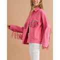 Miniatyrbild 2 av 5: Kvinnors Rhinestone Fringe Denim Jacka Långärmad Casual Tassel Jean Jacka Rock Röd Red Large