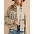 Miniatyrbild 2 av 5: Kvinnors Rhinestone Fringe Denim Jacka Långärmad Casual Tassel Jean Jacka Kappa Khaki X-Large