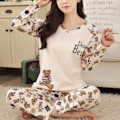 Miniatyrbild 1 av 5: Långärmad pyjamas för kvinnor, 2-delad byxset för kvinnor Set beige björn beige björn beige bear XL