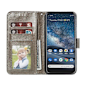 Pikkukuva 4 / 4: Yhteensopiva Nokia 8.3 5G pitsikukkakuvio kohokuvioitu vaakasuora läppä nahkakotelo pidikkeellä ja korttipaikoilla ja lompakolla ja valokuvakehyksellä Grey