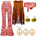 Miniatyrbilde 1 av 4: 70-talls Hippie-festdrakt med frynser - vest + bukser + skjerf - Newway Rosa Pink XL